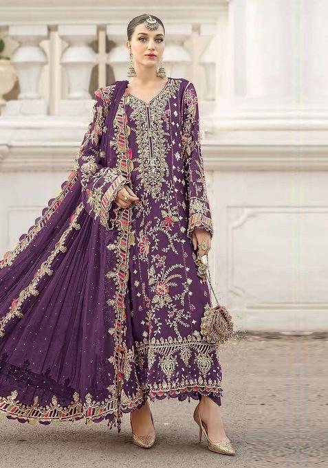 Purple Embroidery Chiffon Kurta Set