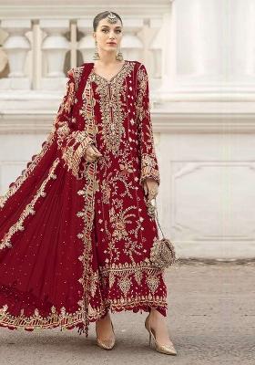Maroon Embroidery Chiffon Kurta Set