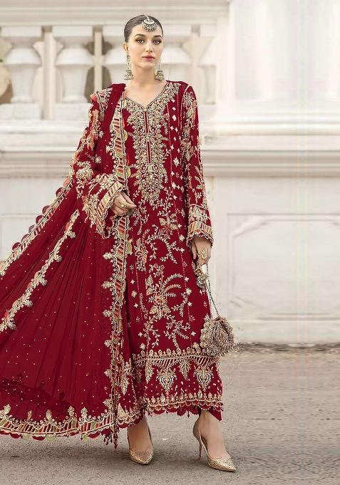 Maroon Embroidery Chiffon Kurta Set