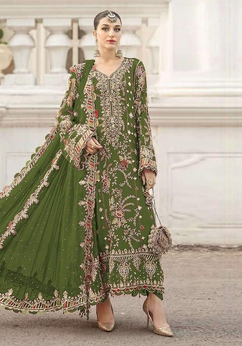 Green Embroidery Chiffon Kurta Set