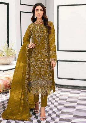 Mustard Embroidery Organza Kurta Set