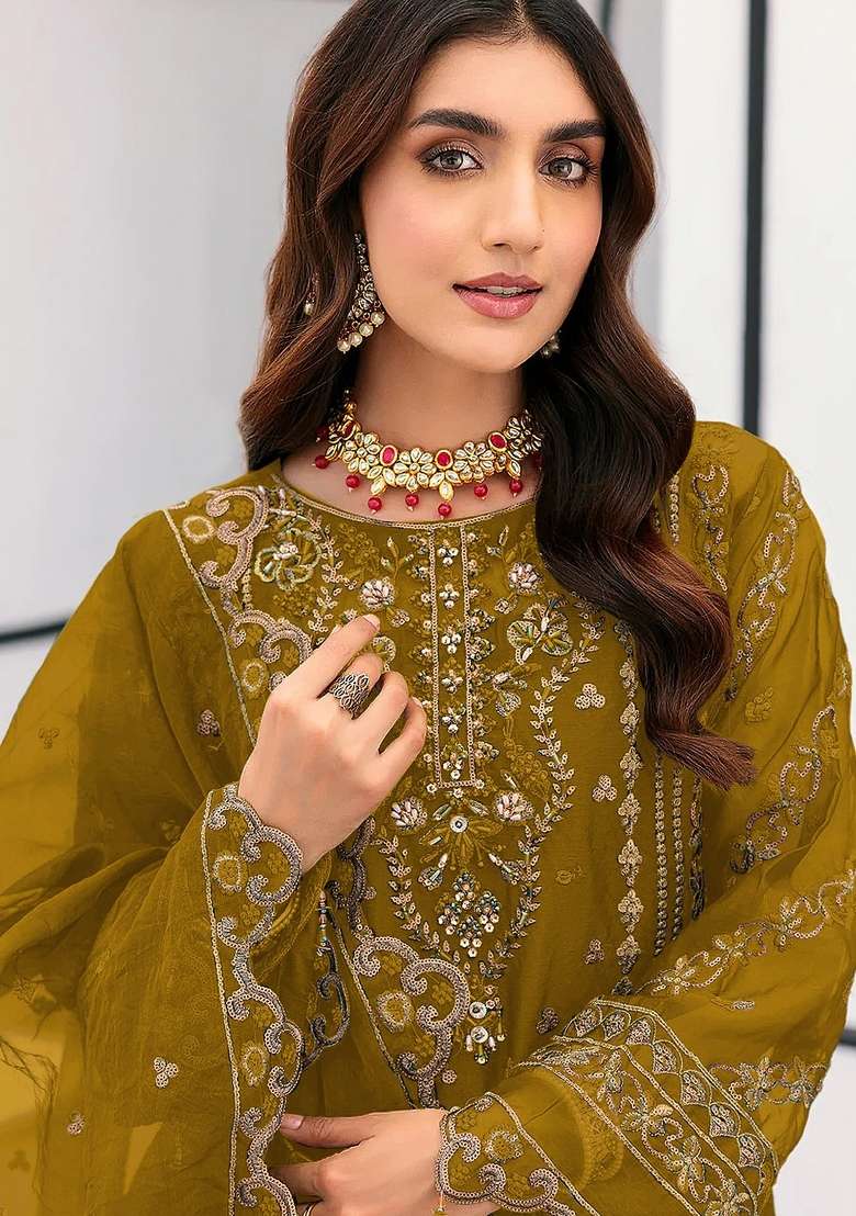 Mustard Embroidery Organza Kurta Set - Indya