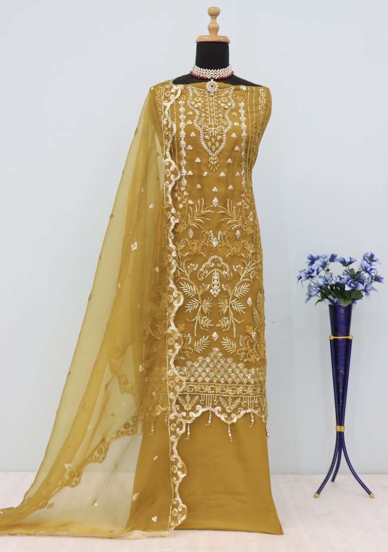 Mustard Embroidery Organza Kurta Set - Indya