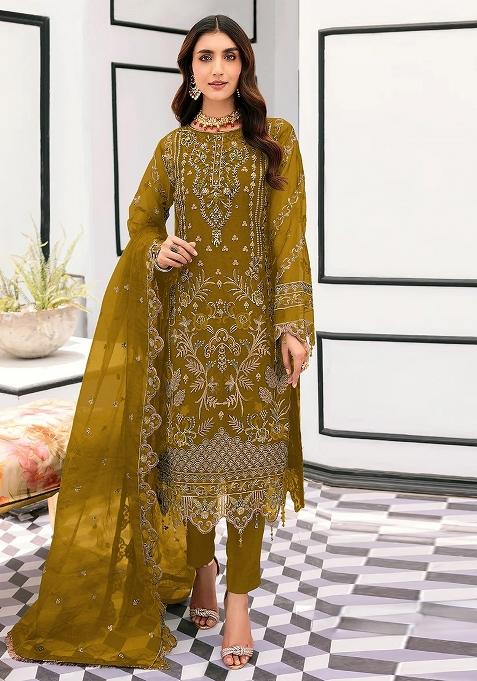 Mustard Embroidery Organza Kurta Set