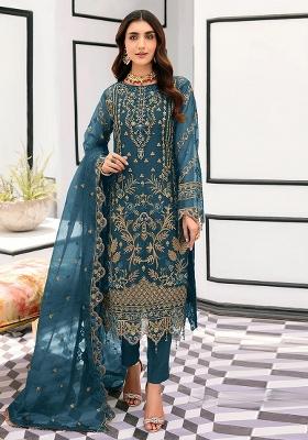 Teal Blue Embroidery Organza Kurta Set