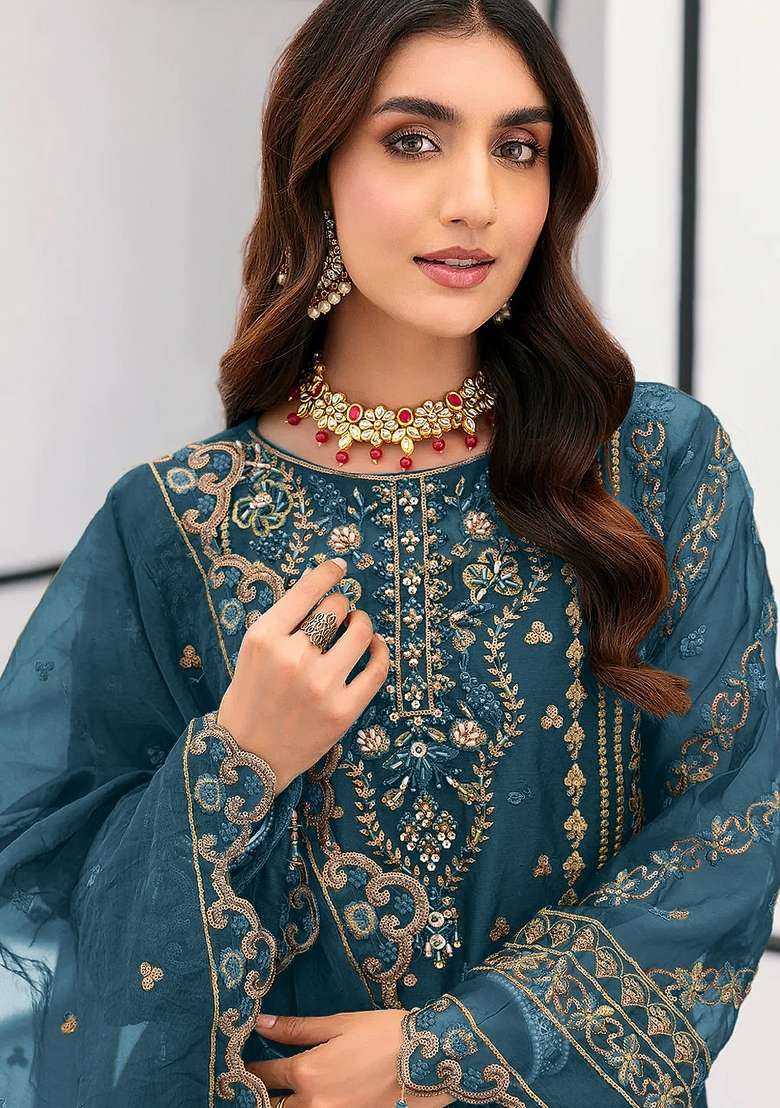 Teal Blue Embroidery Organza Kurta Set - Indya