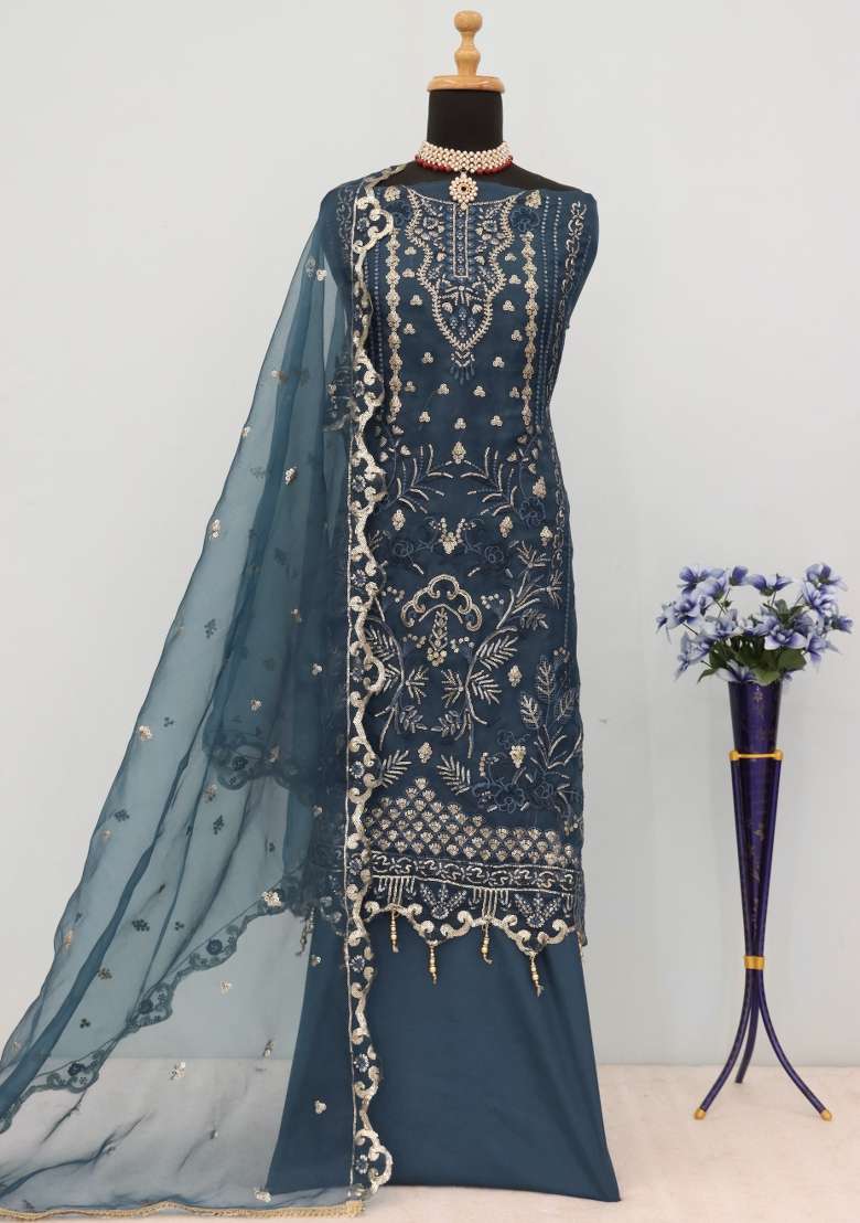Teal Blue Embroidery Organza Kurta Set - Indya