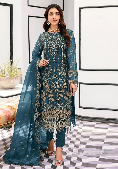 Teal Blue Embroidery Organza Kurta Set