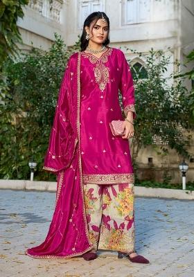 Pink Embroidery Chinon Kurta Set