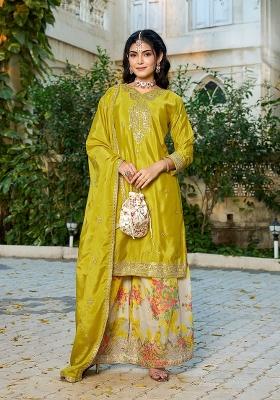 Yellow Embroidery Chinon Kurta Set