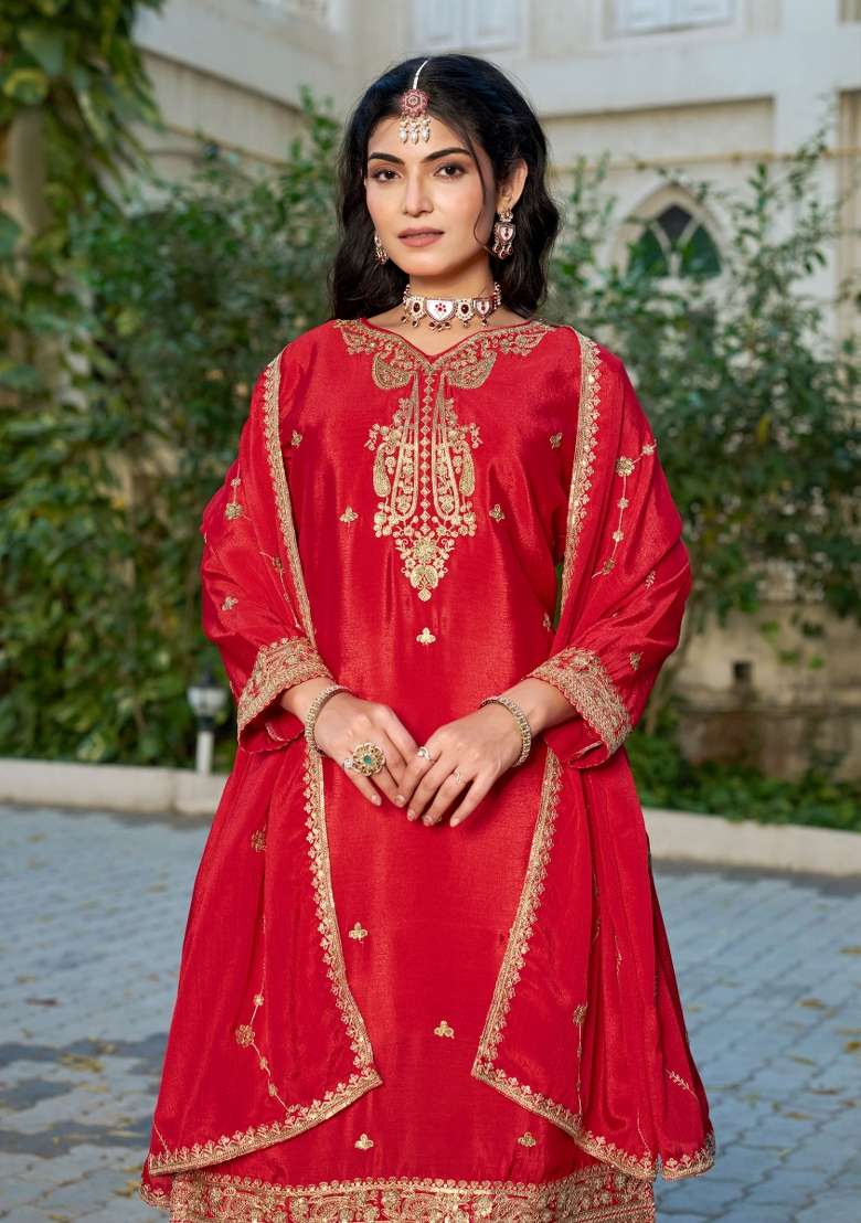 Red Embroidery Chinon Kurta Set - Indya