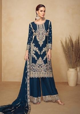 Teal Blue Embroidery Chinon Kurta Set