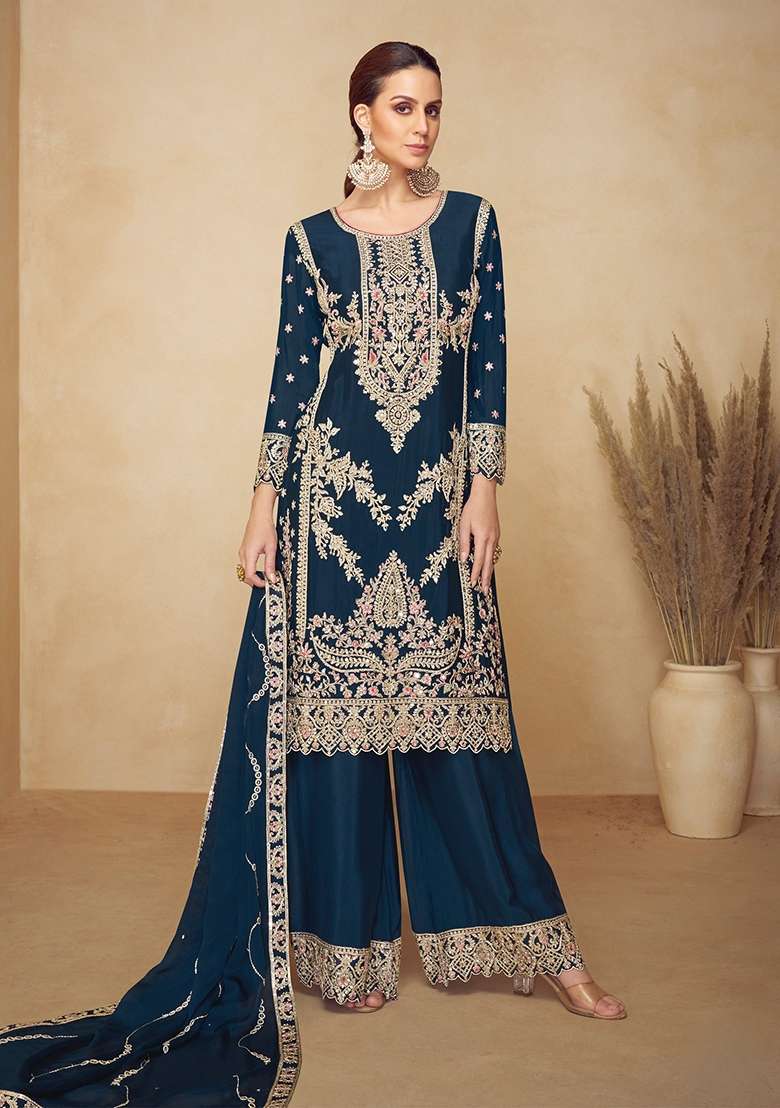 Teal Blue Embroidery Chinon Kurta Set - Indya