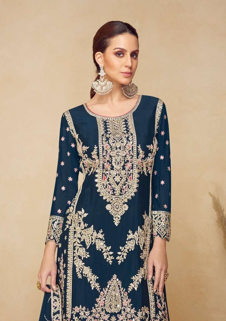 Teal Blue Embroidery Chinon Kurta Set - Indya