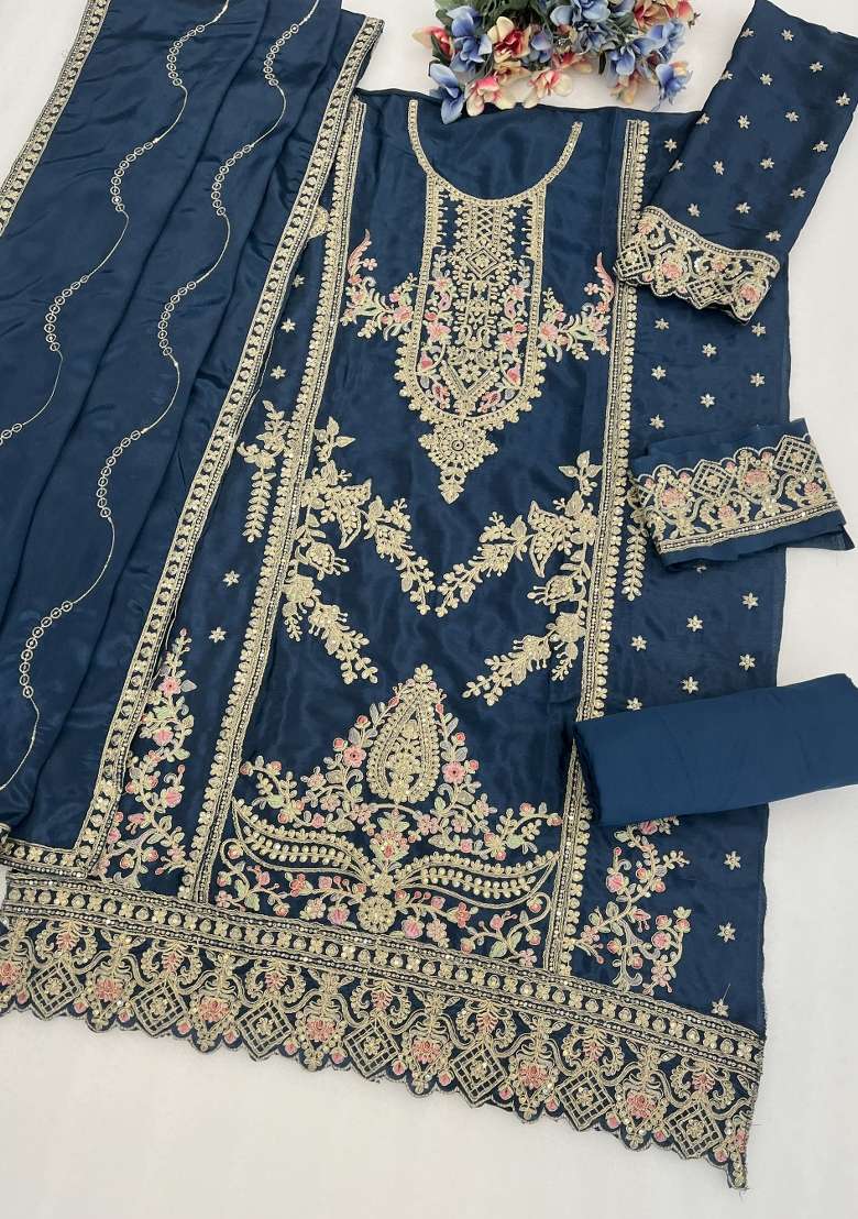 Teal Blue Embroidery Chinon Kurta Set - Indya