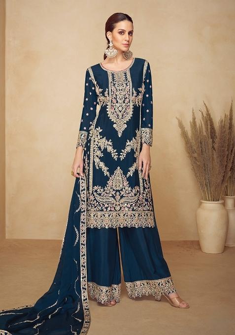 Teal Blue Embroidery Chinon Kurta Set