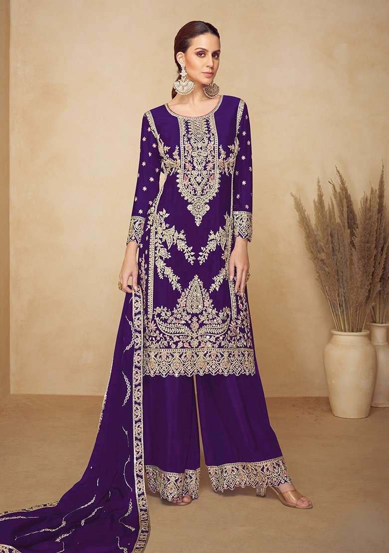 Purple Embroidery Chinon Kurta Set - Indya