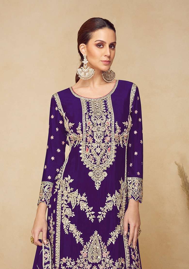 Purple Embroidery Chinon Kurta Set - Indya