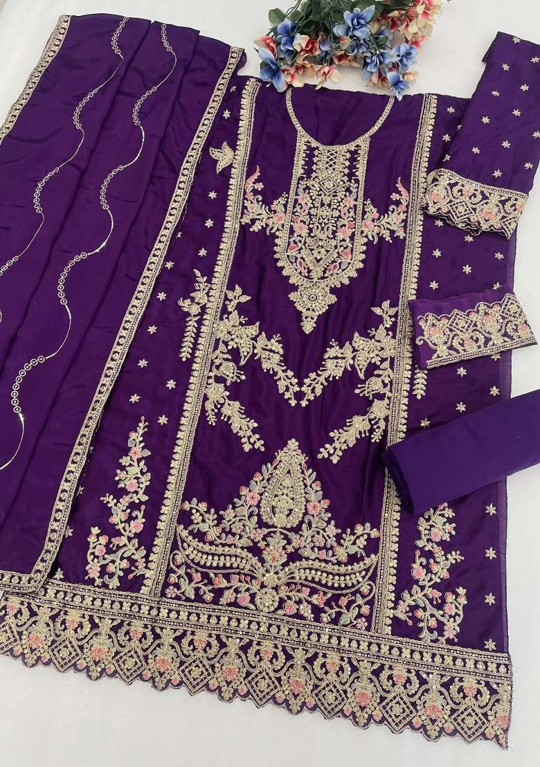 Purple Embroidery Chinon Kurta Set - Indya
