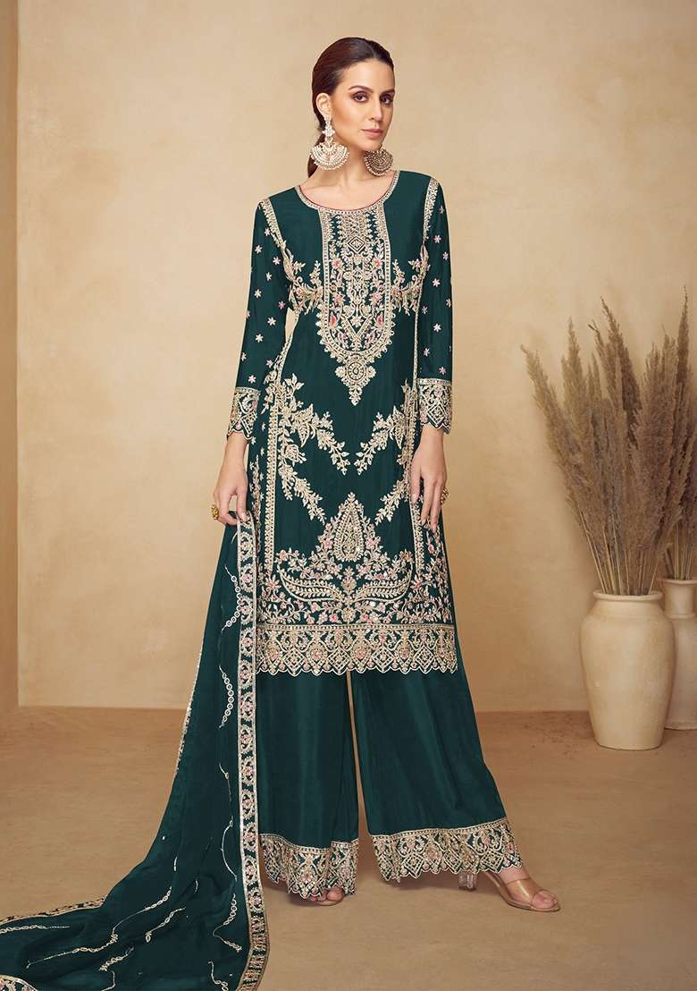 Green Embroidery Chinon Kurta Set - Indya