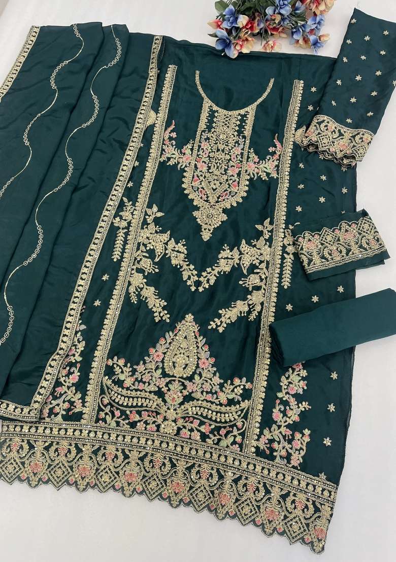 Green Embroidery Chinon Kurta Set - Indya