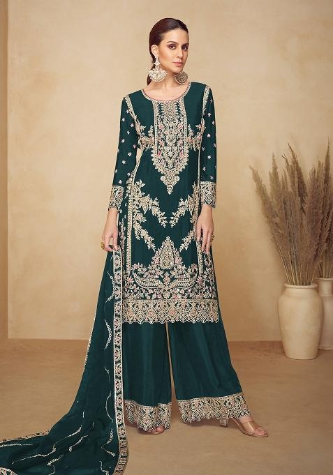 Green Embroidery Chinon Kurta Set
