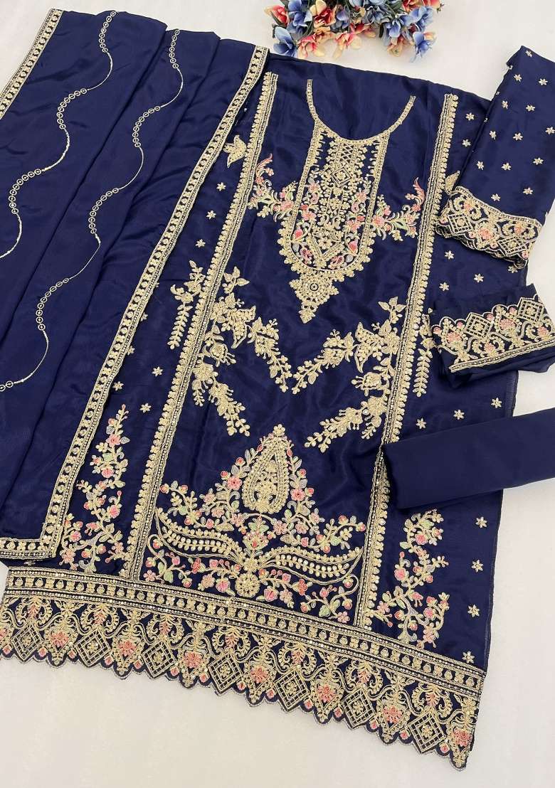 Navy Blue Embroidery Chinon Kurta Set - Indya