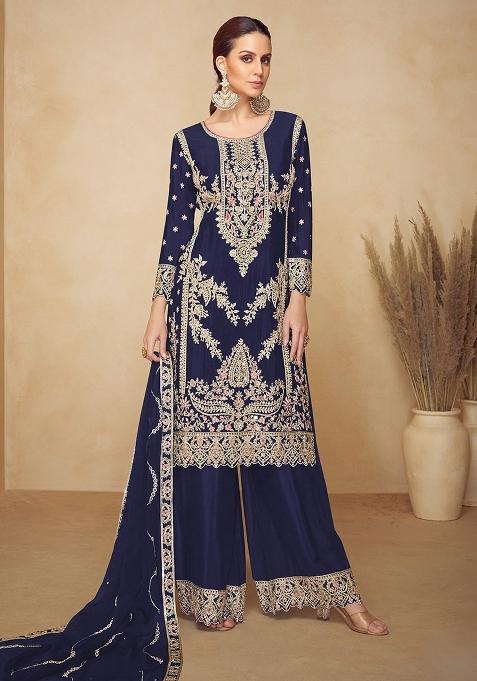 Navy Blue Embroidery Chinon Kurta Set
