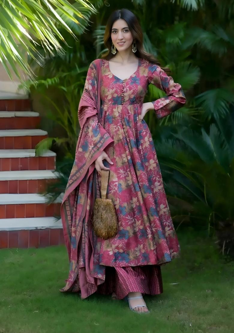 Multicolor Printed Muslin Anarkali Set - Indya
