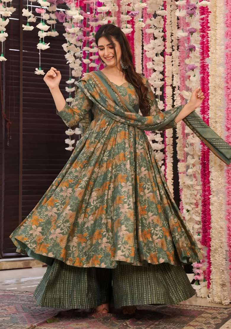 Multicolor Printed Muslin Anarkali Set - Indya