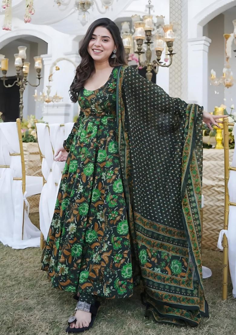 Multicolor Printed Muslin Anarkali Set - Indya