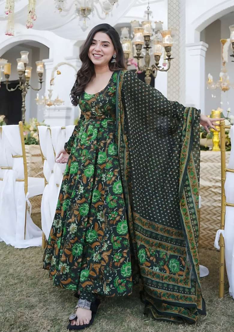 Multicolor Printed Muslin Anarkali Set - Indya