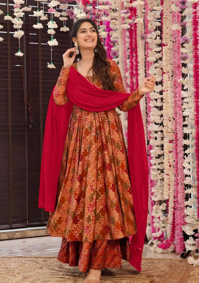 Multicolor Printed Muslin Anarkali Set - Indya