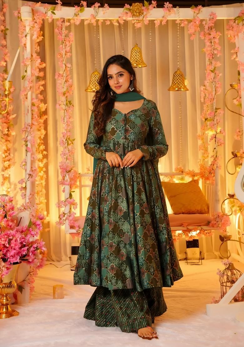 Multicolor Printed Muslin Anarkali Set - Indya