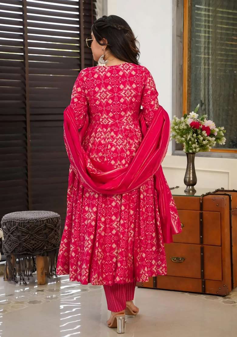 Pink Printed Muslin Anarkali Set - Indya