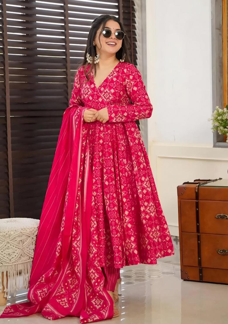 Pink Printed Muslin Anarkali Set - Indya