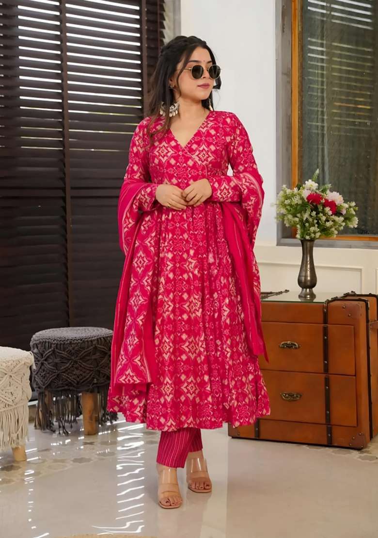 Pink Printed Muslin Anarkali Set - Indya