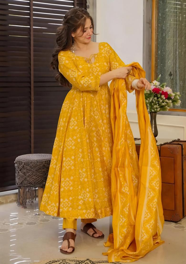Yellow Printed Muslin Anarkali Set - Indya