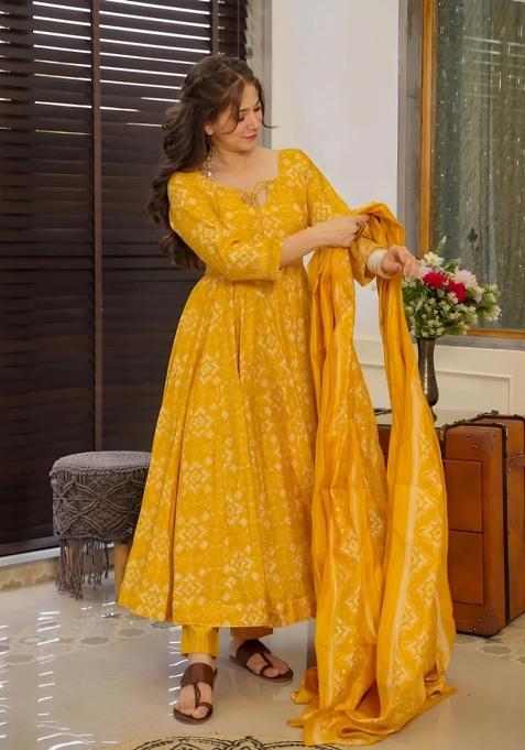 Yellow Printed Muslin Anarkali Set