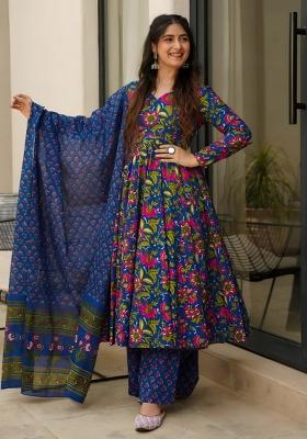 Blue Printed Muslin Anarkali Set