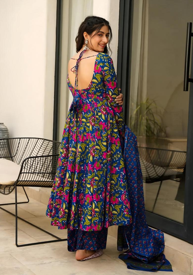Blue Printed Muslin Anarkali Set - Indya