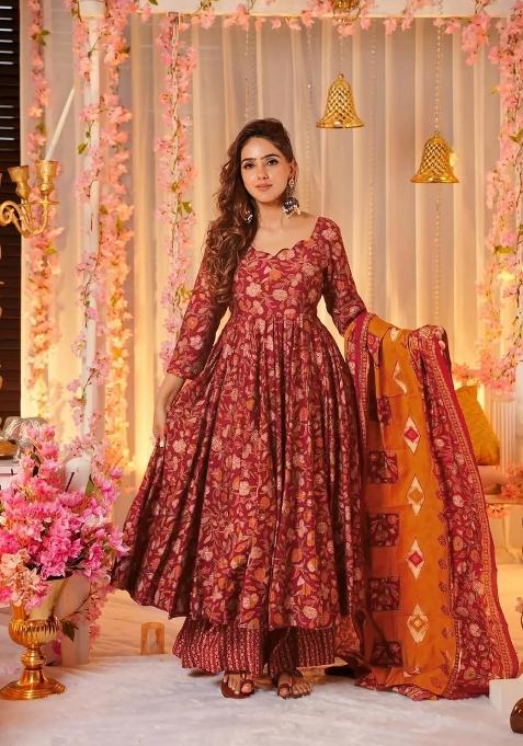 Maroon Printed Muslin Anarkali Set
