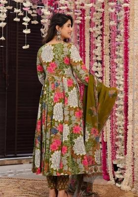 Mehendi Printed Muslin Anarkali Set