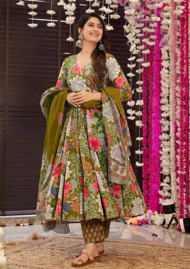 Mehendi Printed Muslin Anarkali Set - Indya