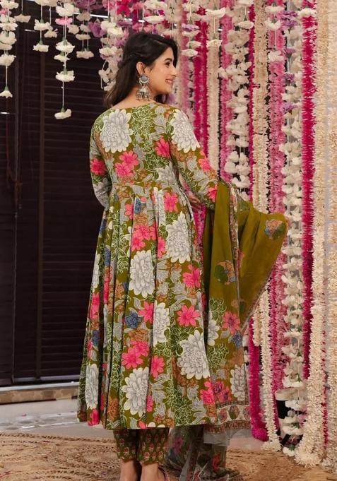 Mehendi Printed Muslin Anarkali Set