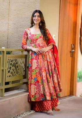 Orange Printed Muslin Anarkali Set
