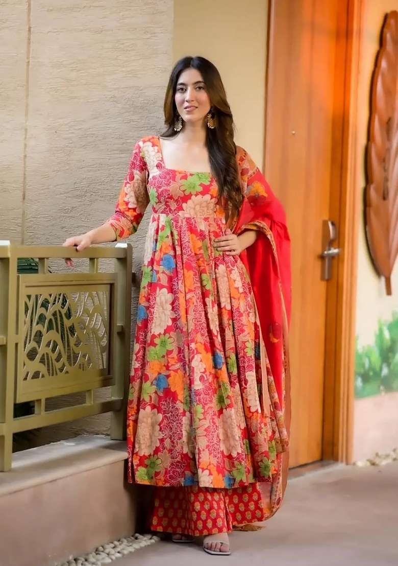 Orange Printed Muslin Anarkali Set - Indya