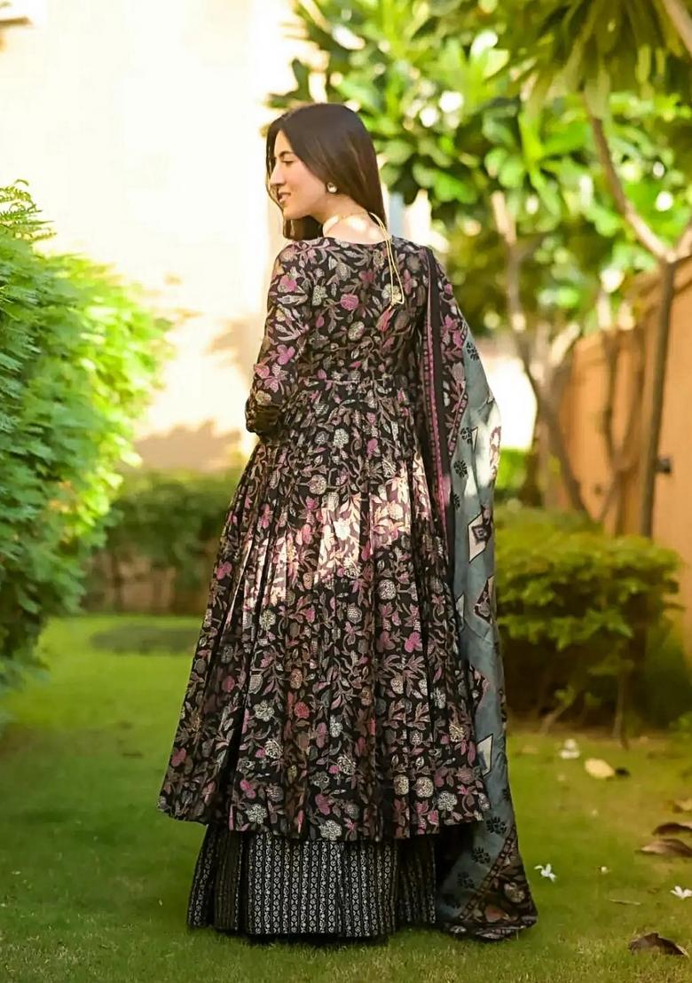 Black Printed Muslin Anarkali Set - Indya