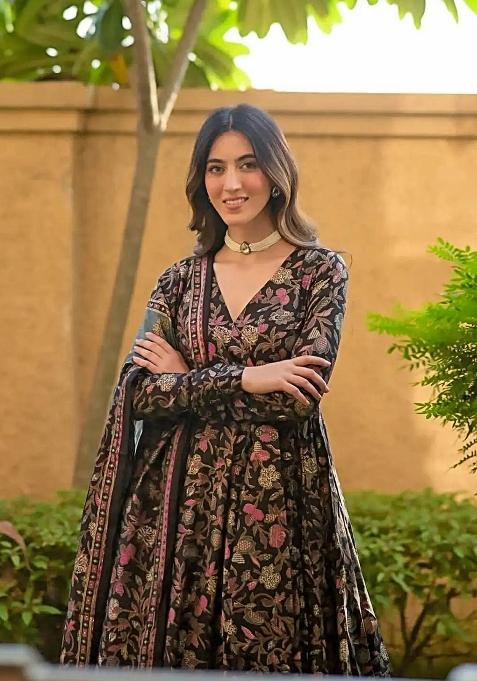 Black Printed Muslin Anarkali Set