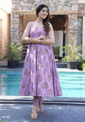 Lavender Printed Muslin Anarkali Set